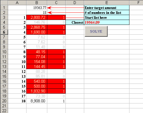 excel range showing a subset of numbers that sum to a target