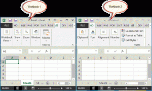 Excel 2013 SDI interface showing two workbooks
